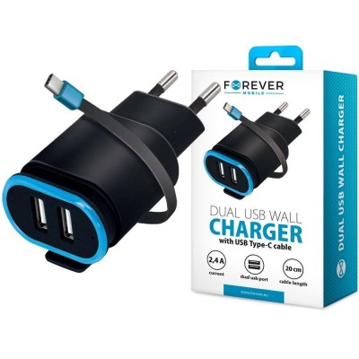 Chargeur smartphone Forever TC-02 2xUSB 2.4A type-C noire - Agora I...